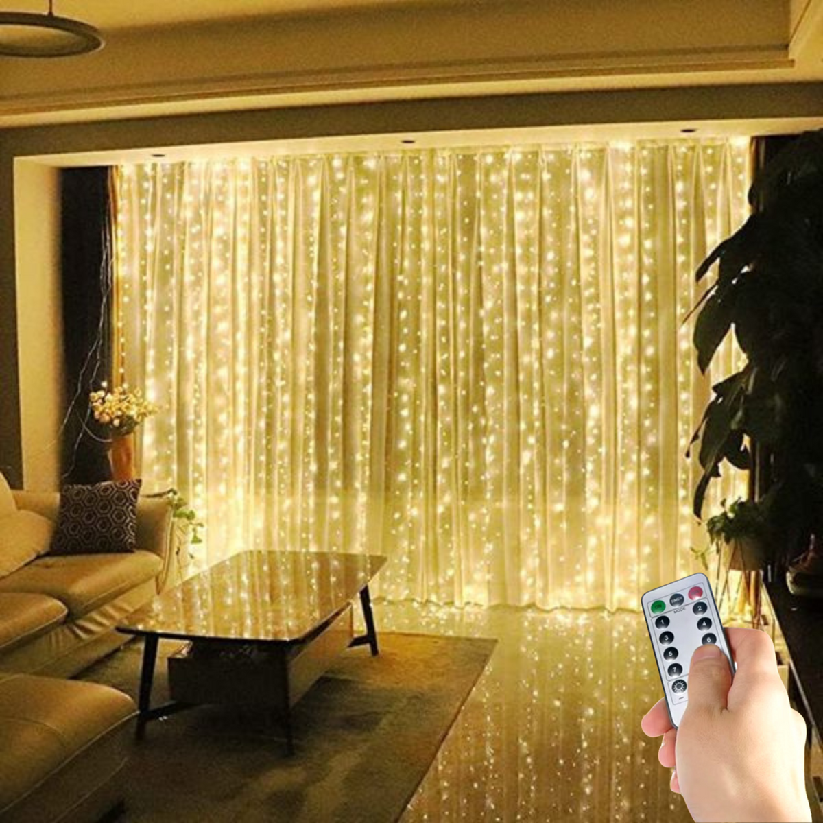 Elegant LED light loop curtain - remote controlled with timer and 8 light modes
