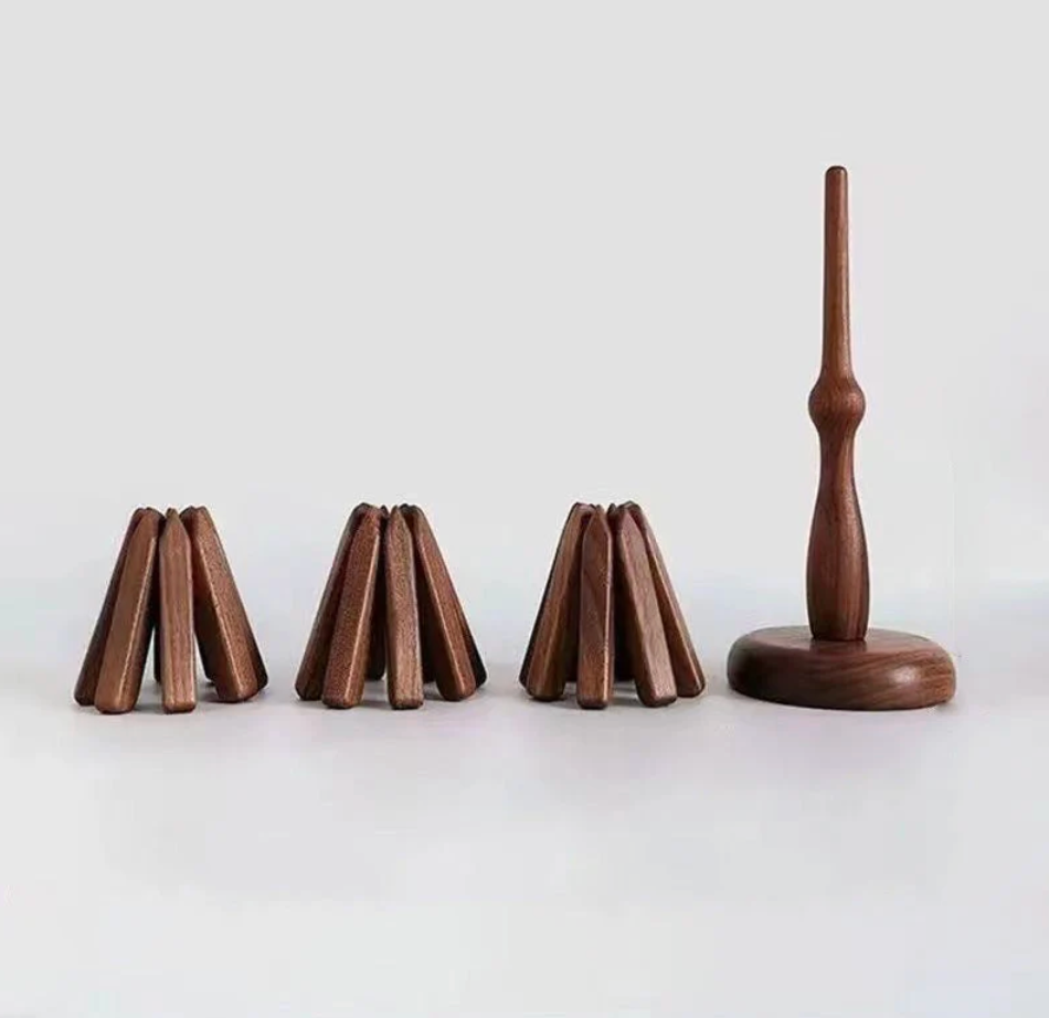 Scandinavian Walnut Set – Wooden Coasters with Stand (3-pack)
