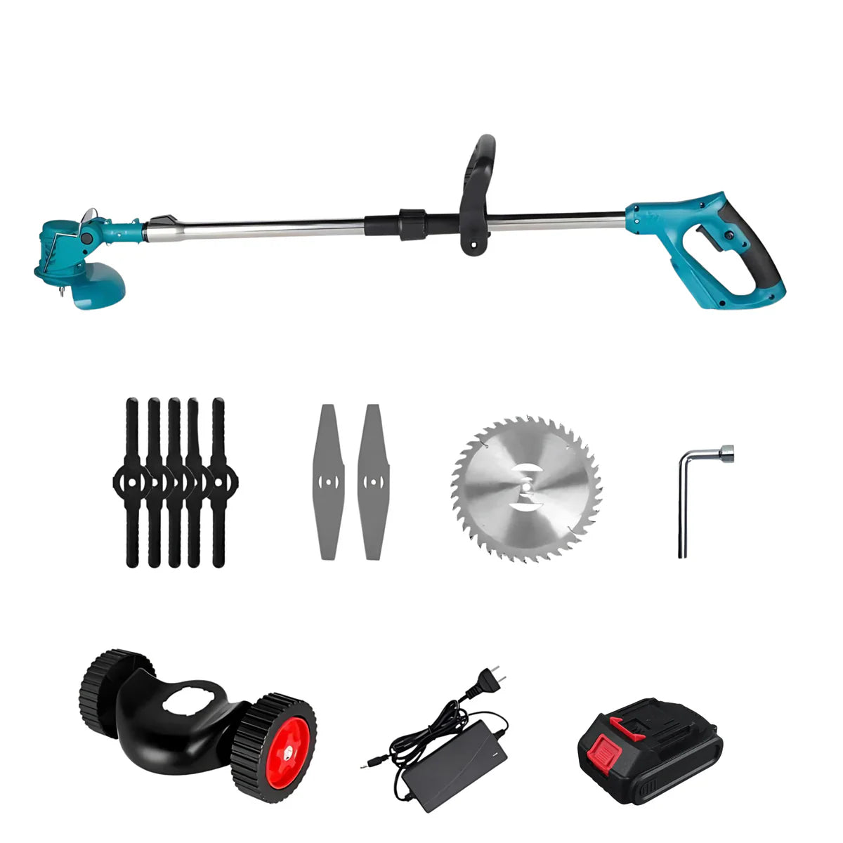 Cordless & Foldable Grass Trimmer 21V - Adjustable Height, Wheels & 3 Blade Types