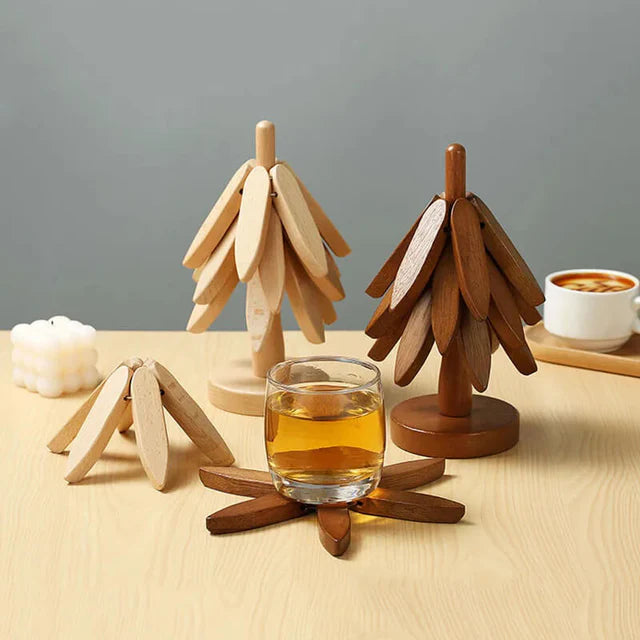 Scandinavian Walnut Set – Wooden Coasters with Stand (3-pack)