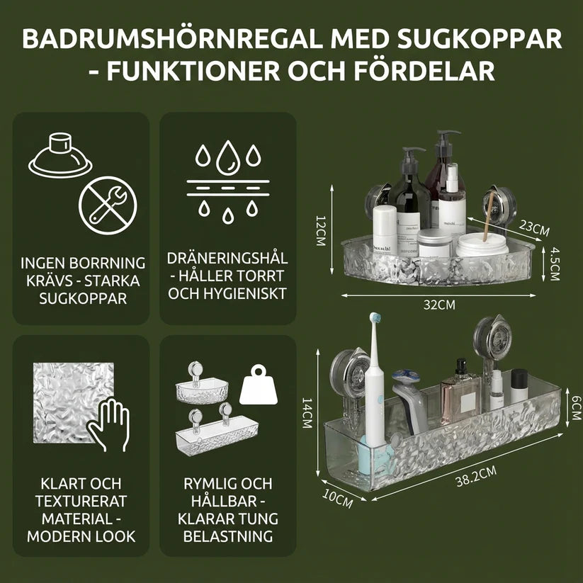 Bathroom corner shelf with suction cups