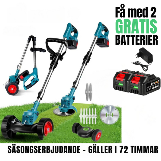 Cordless & Foldable Grass Trimmer 21V - Adjustable Height, Wheels & 3 Blade Types