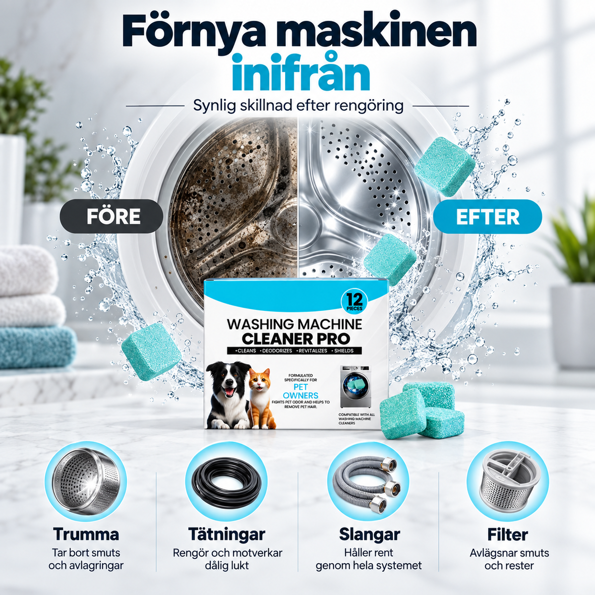 Cleaning tablets for washing machines - against dirt, odors, limescale and animal hair