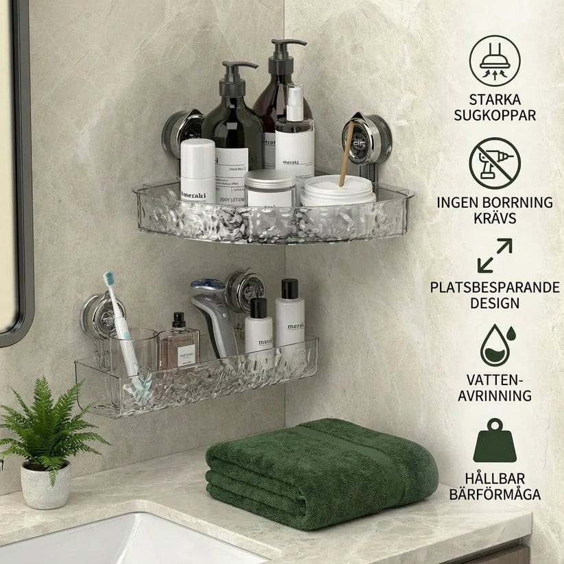 Bathroom corner shelf with suction cups