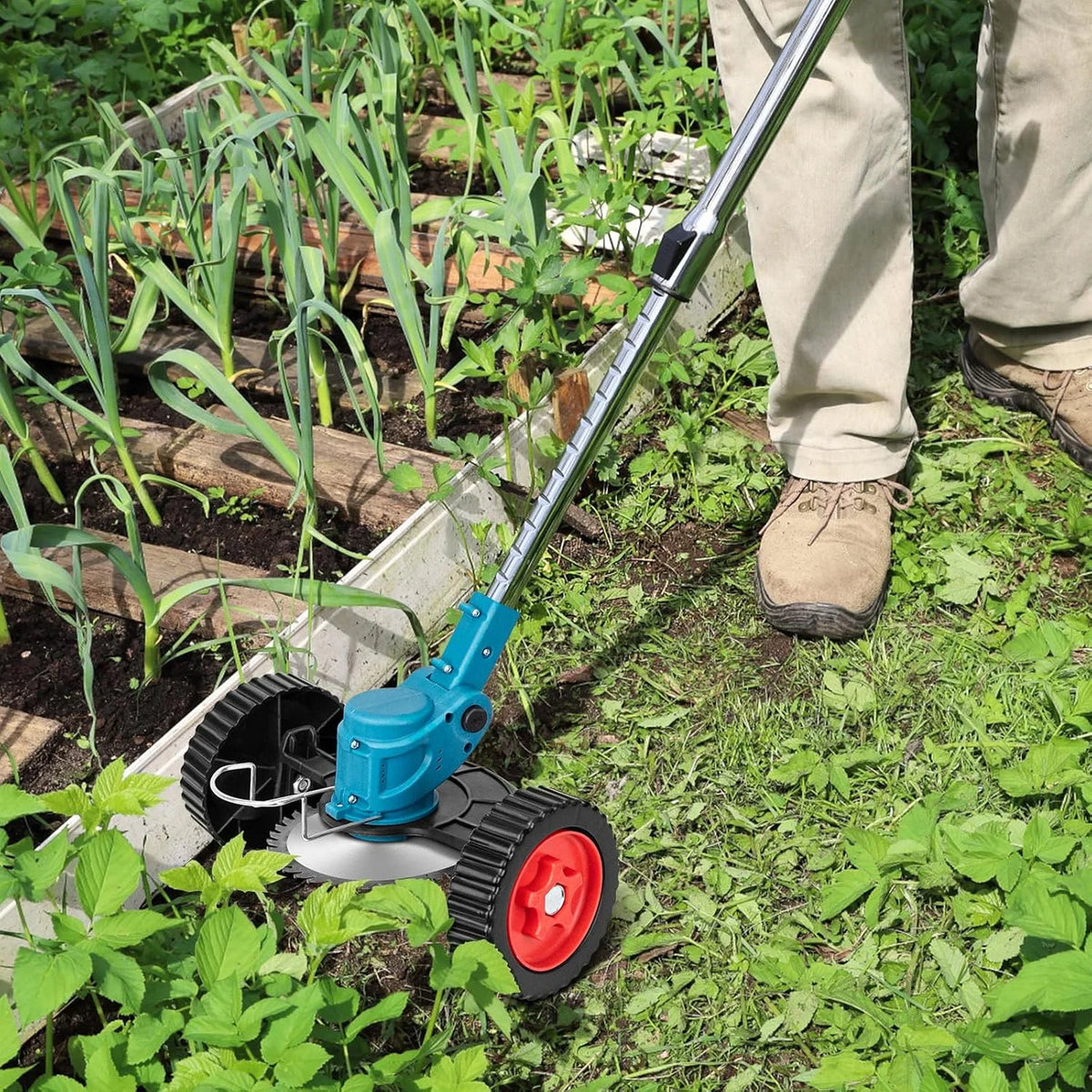 Cordless & Foldable Grass Trimmer 21V - Adjustable Height, Wheels & 3 Blade Types