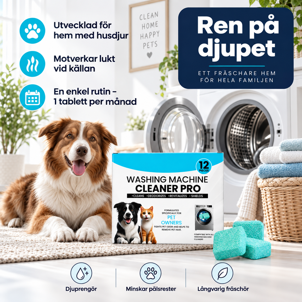 Cleaning tablets for washing machines - against dirt, odors, limescale and animal hair