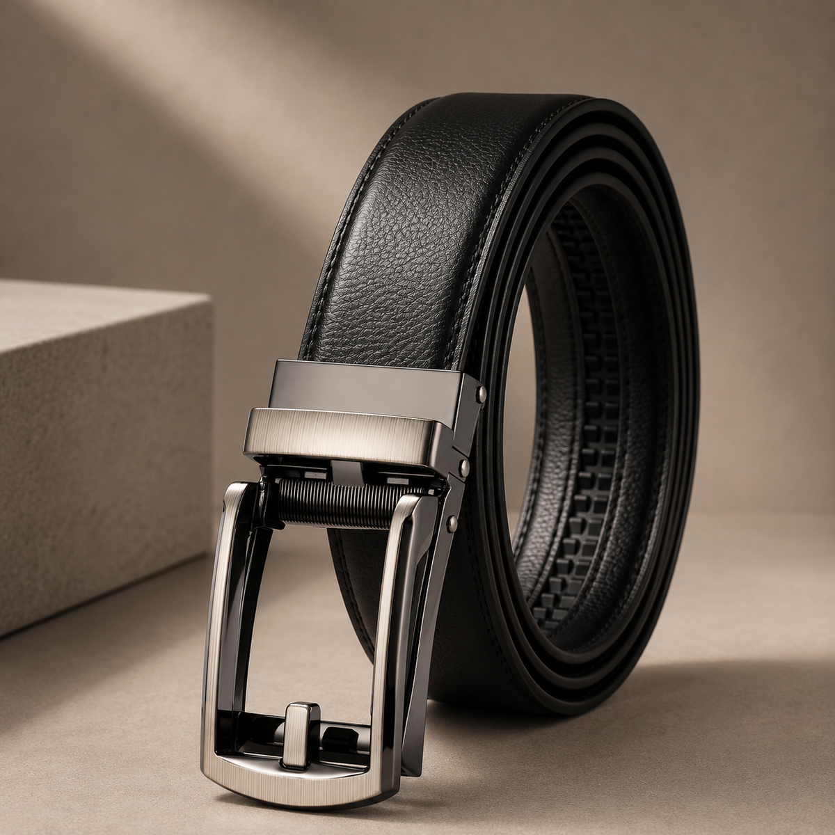 Leather belt with automatic buckle