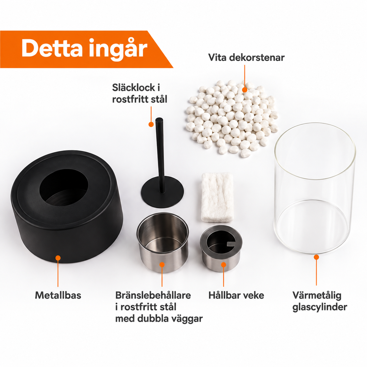 EternaFlame bordskamin – delar som ingår i paketet