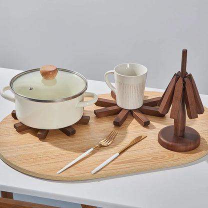 Scandinavian Walnut Set – Wooden Coasters with Stand (3-pack)